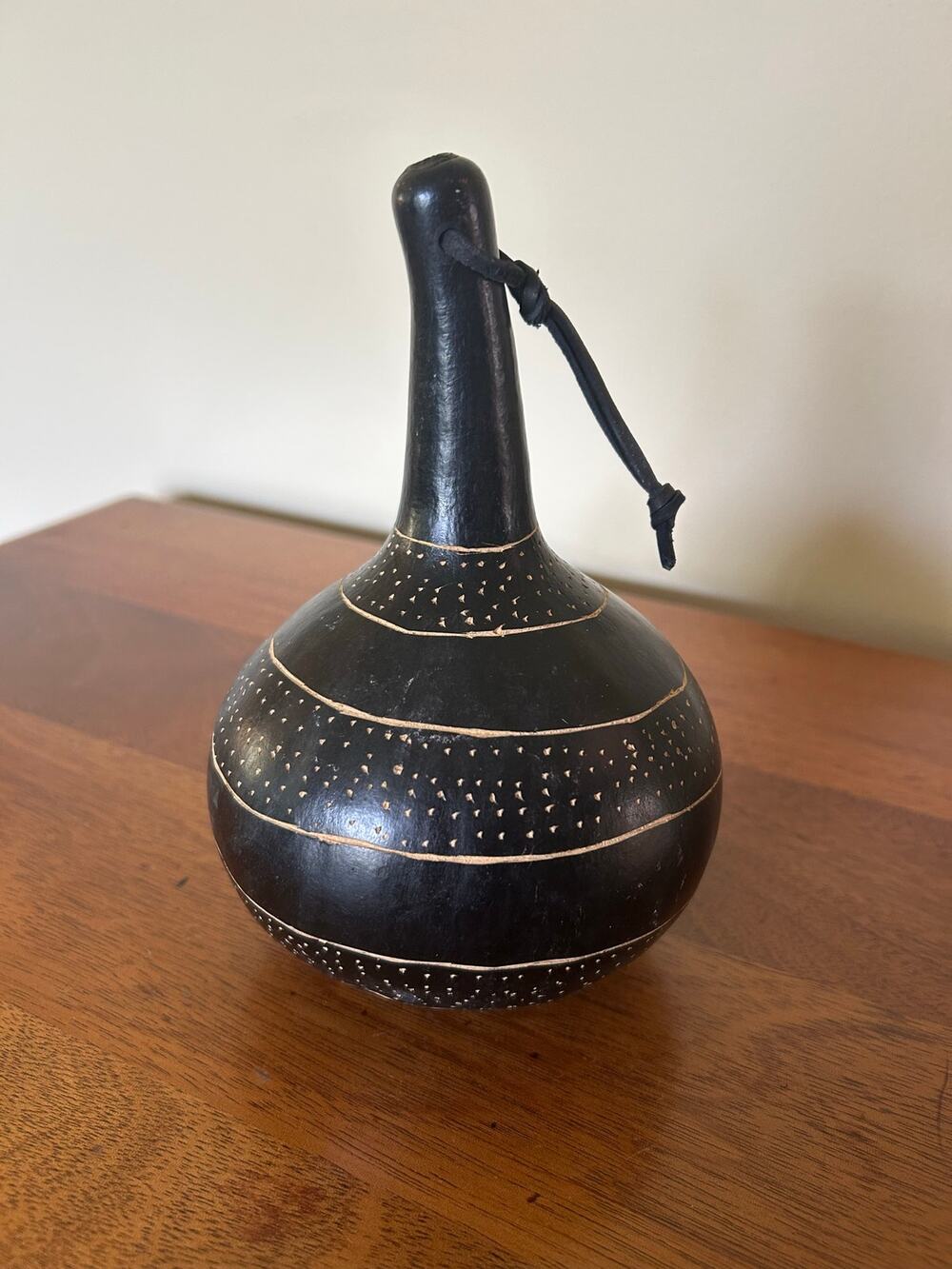 Hand-Painted African Gourd Shaker Rattle Burnished Black Etched Geometric